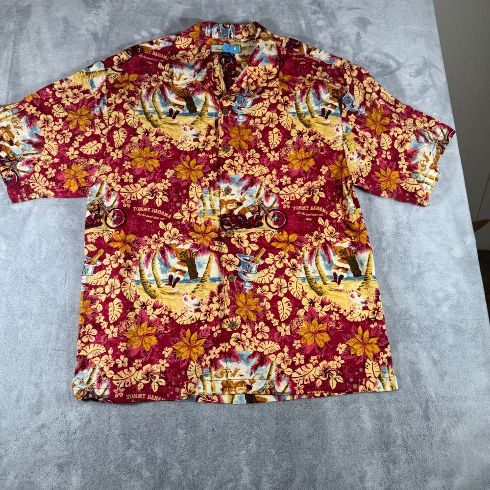 Tommy Bahama Silk Large Christmas Hawaiian Shirt Santa Motorcycle Golf Floral